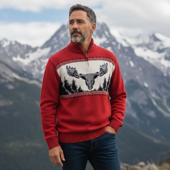 Chaps Ralph Lauren Men 1/4 Zip Moose Sweater Mock Neck Red Black L Cabincore - Picture 1 of 14